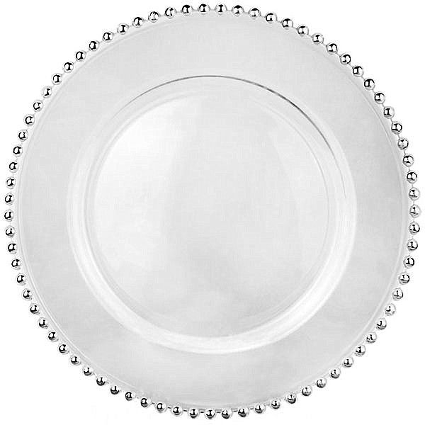 Platzteller mieten - Glas mit Silber-Bördelring